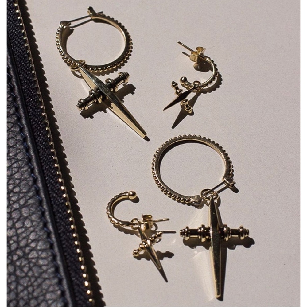 LUV AJ GOLD MINI CROSS EARRINGS DAINTY MEJURI BAUBLEBAR VANESSA MOONEY REVOLVE - Picture 5 of 16